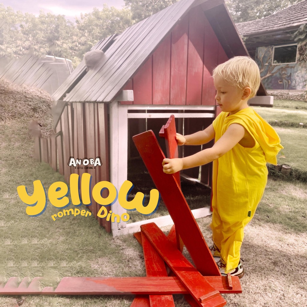 ROMPER DINO YELLOW - Baju Dino Anak. Baju Anak. Baju Kaos Anak. Jumpsuit Anak.