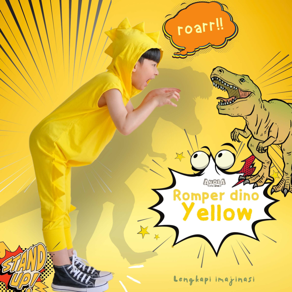ROMPER DINO YELLOW - Baju Dino Anak. Baju Anak. Baju Kaos Anak. Jumpsuit Anak.