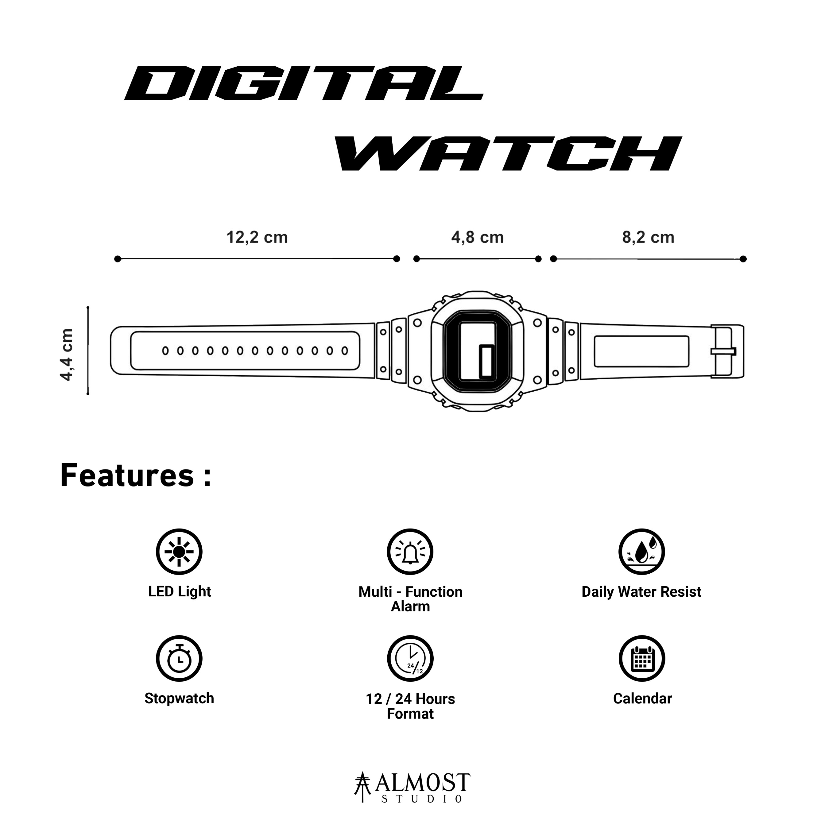 Almost Studio Icy Black Digital Watch Water Resistant - Jam Tangan Digital Tahan Air