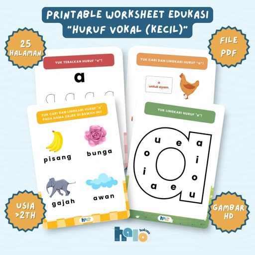 Image of Printable Worksheet Mengenal Huruf Vokal a i u e o (Huruf Kecil)