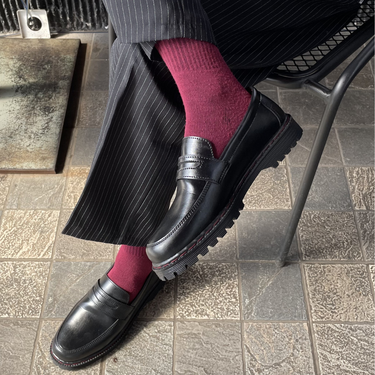 Nugee Zepyr Penny Loafers Black Stiching Maroon