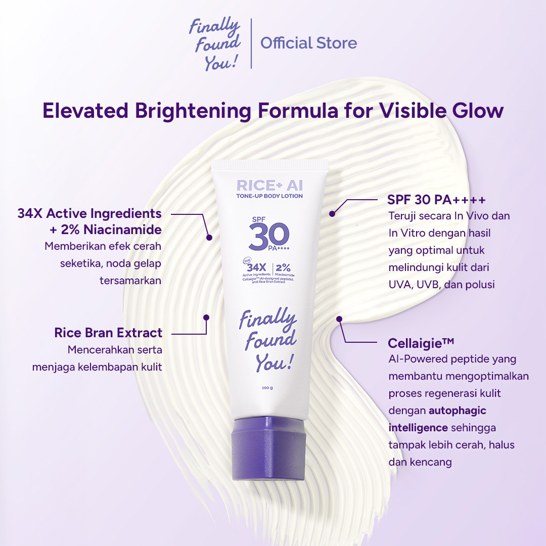 Finally Found You! RICE+ AI UV Bright Tone-Up Lotion SPF 30 PA++++ | Lotion Badan Cerah & Proteksi UV
