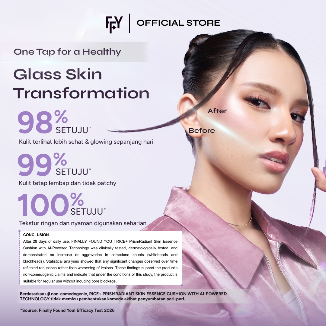 Finally Found You! RICE+ PrismRadiant Skin Essence Cushion with AI-Powered Technology | Rice Glow Cushion Essence Non-Comedogenic Weightless Coverage, Tekstur Ringan, Minim Oksidasi