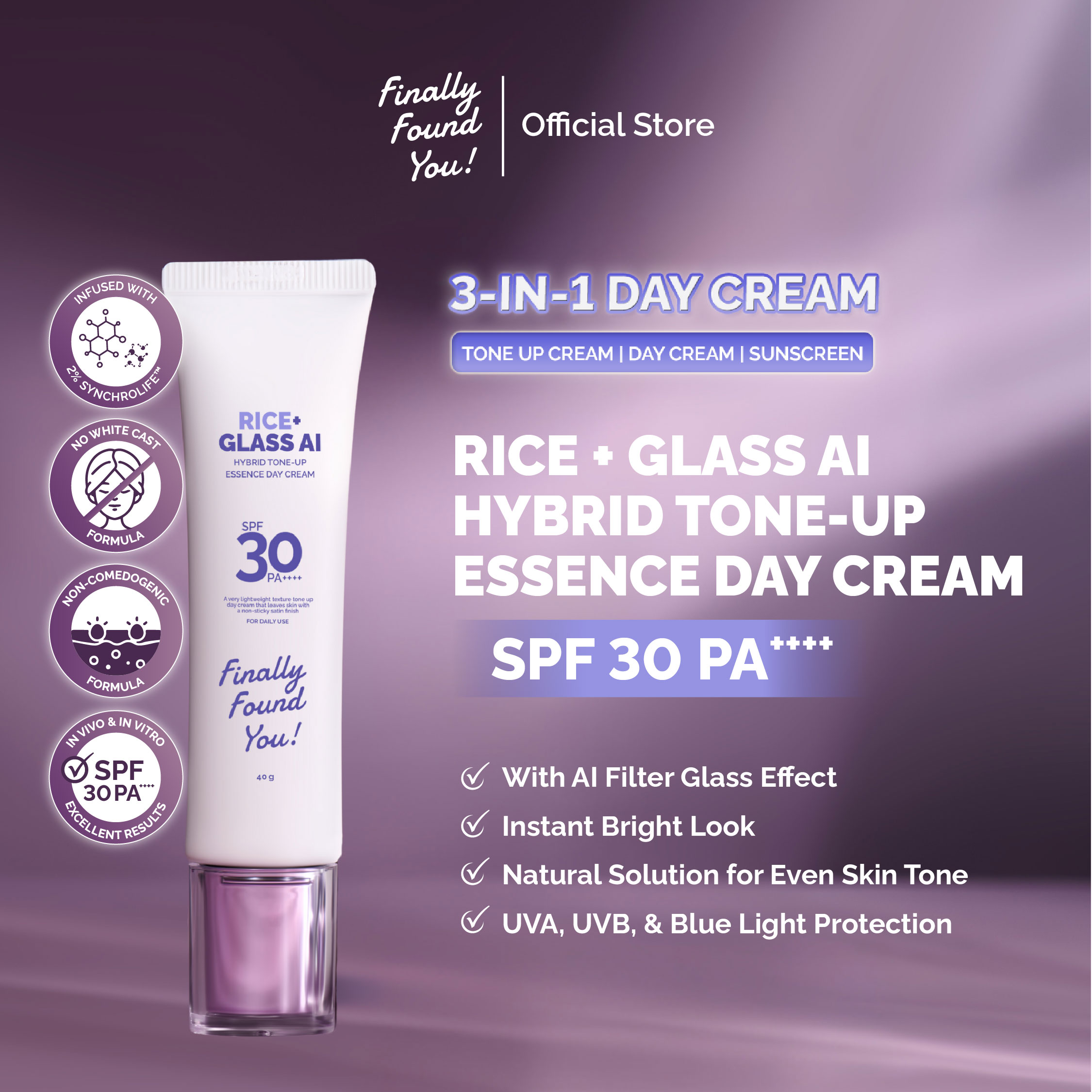 Finally Found You! RICE+ Glass AI Hybrid Tone-Up Essence Day Cream SPF 30 PA++++