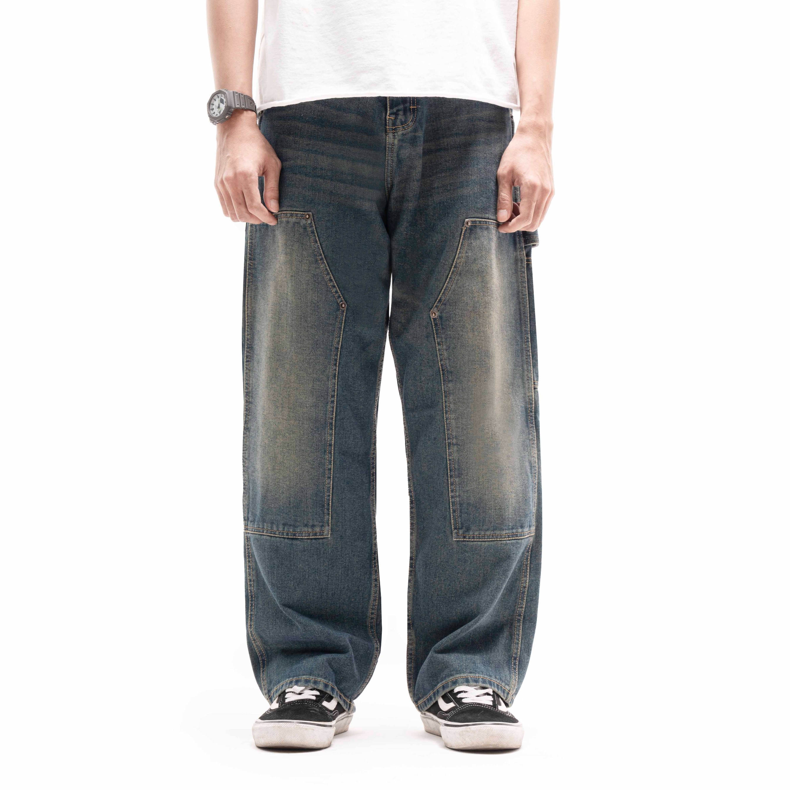 Queenbeer - Double Knee Carpenter Pants Baggy Fit Jonnah Blue Washed