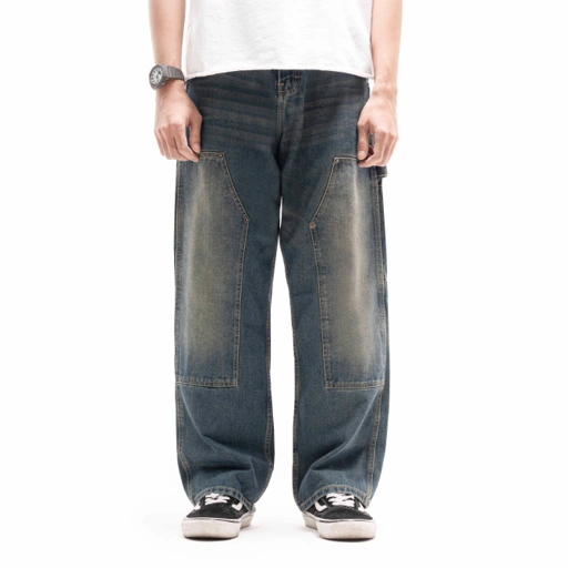 Queenbeer - Double Knee Carpenter Pants Baggy Fit Jonnah Blue Washed