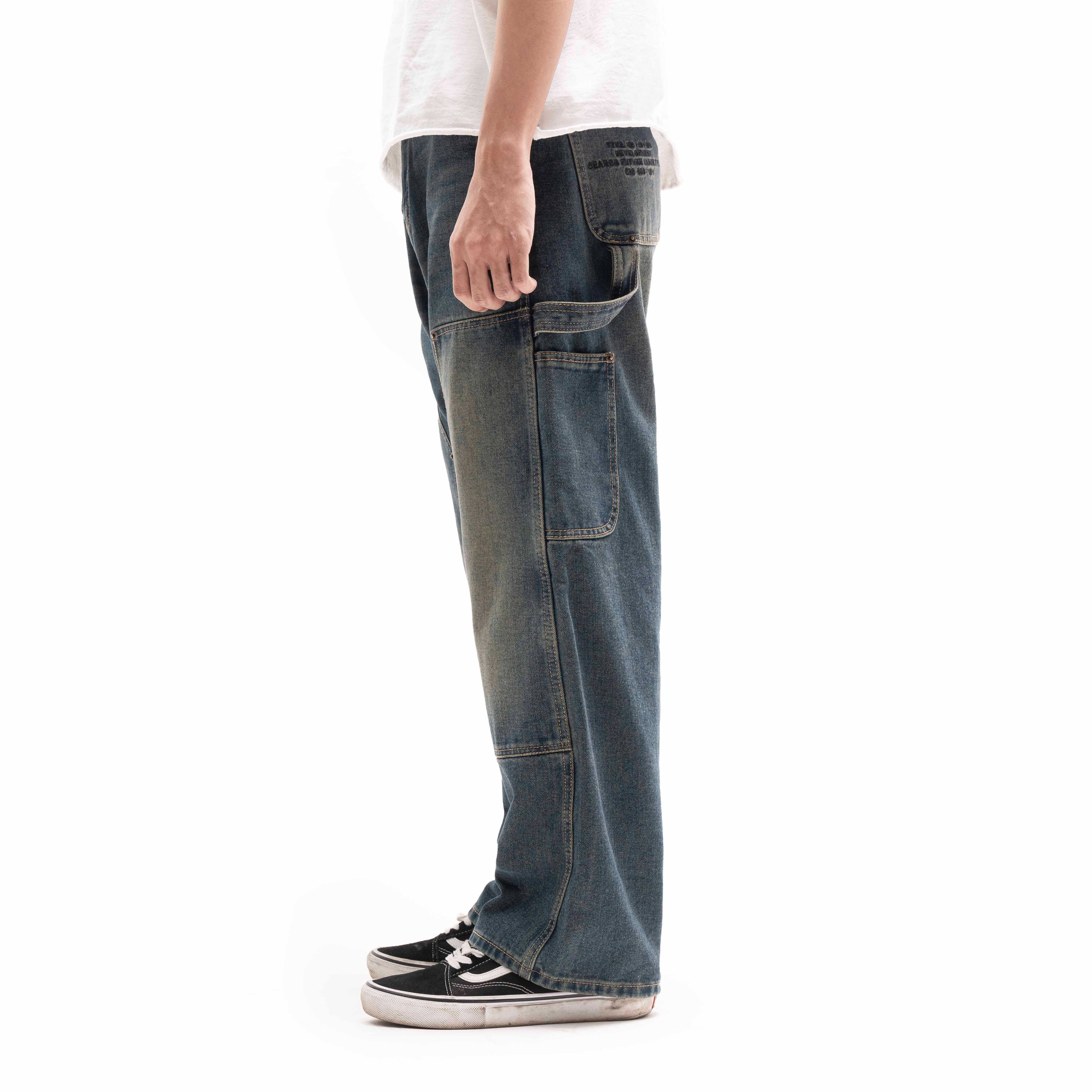 Queenbeer - Double Knee Carpenter Pants Baggy Fit Jonnah Blue Washed
