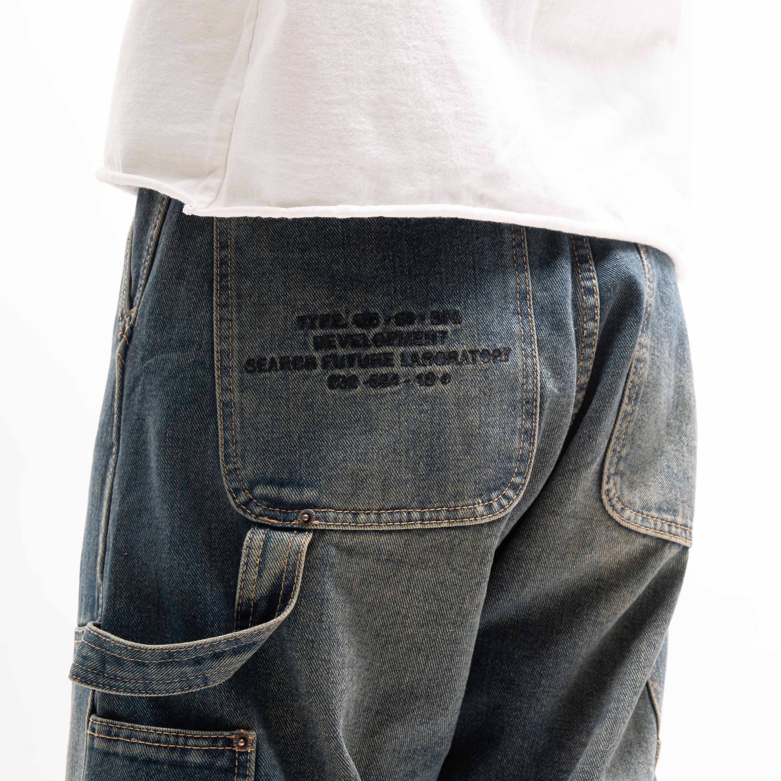 Queenbeer - Double Knee Carpenter Pants Baggy Fit Jonnah Blue Washed