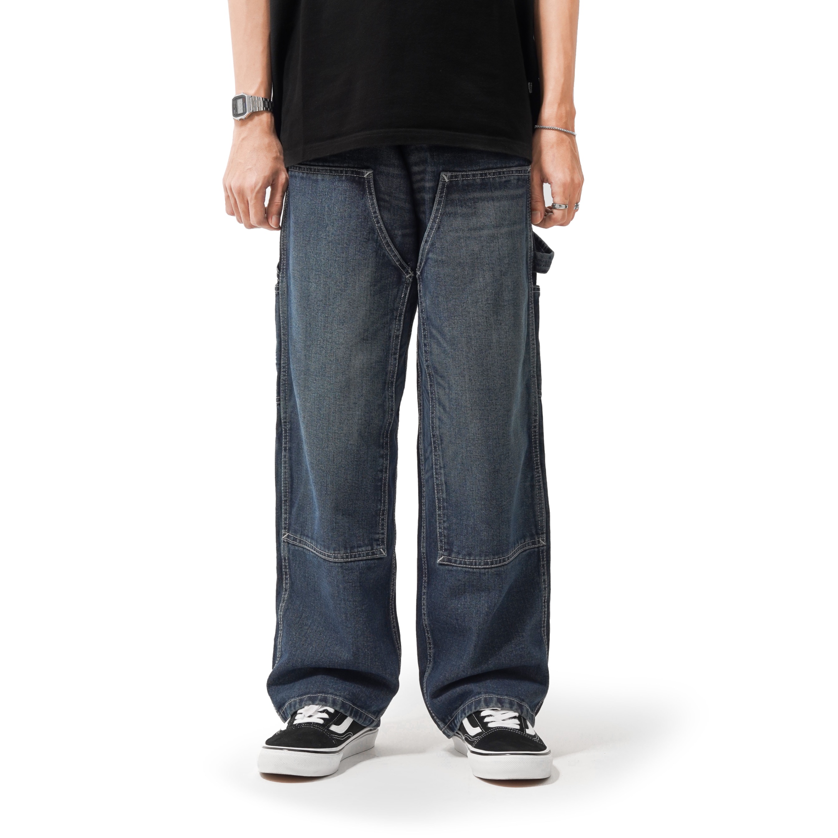 Queenbeer - Double Knee Carpenter Pants Morty Blue Washed