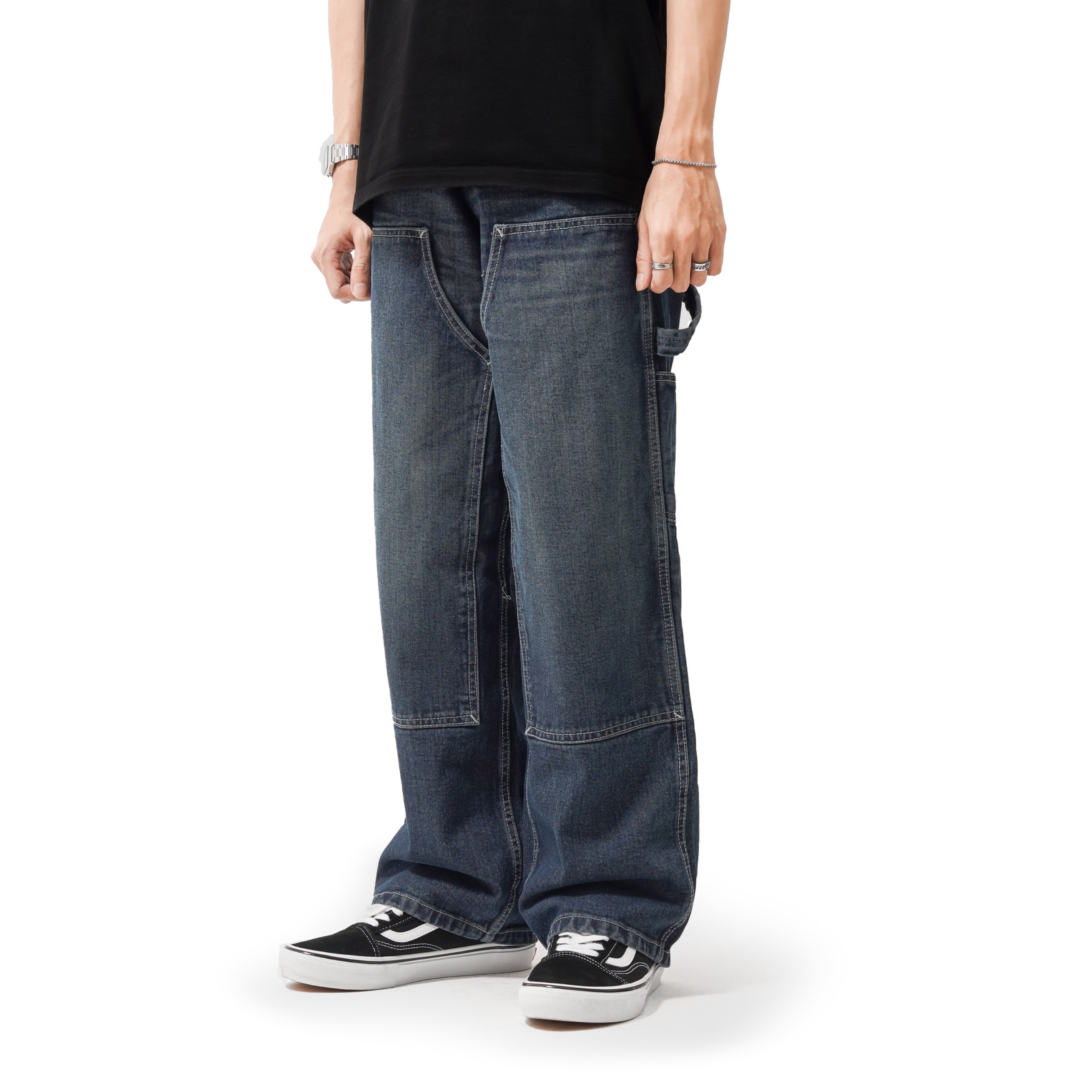 Queenbeer - Double Knee Carpenter Pants Morty Blue Washed