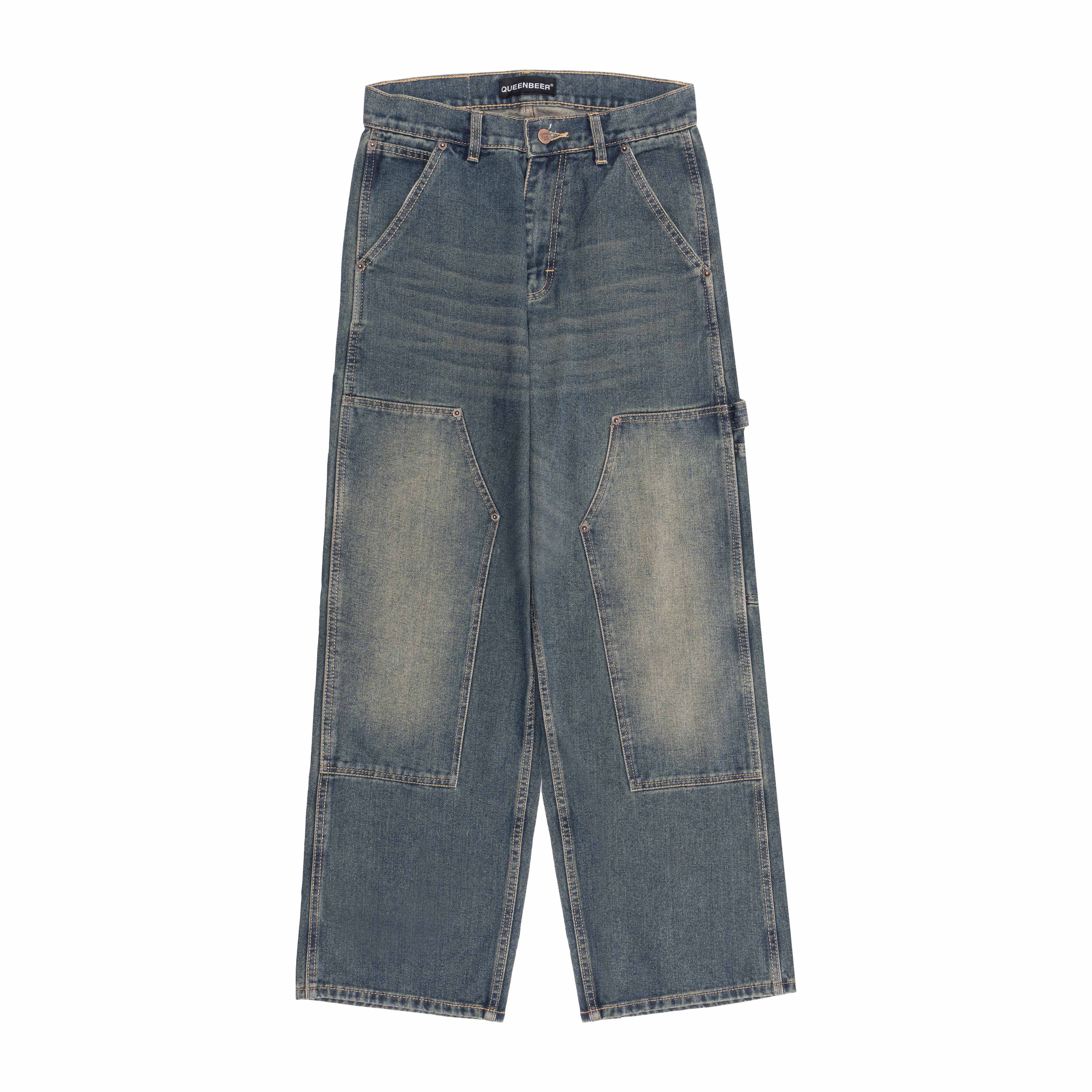 Queenbeer - Double Knee Carpenter Pants Baggy Fit Jonnah Blue Washed