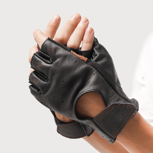 Queenbeer - Leather Half Finger Gloves Riding Steve Black | Sarung Tangan Motor Pria