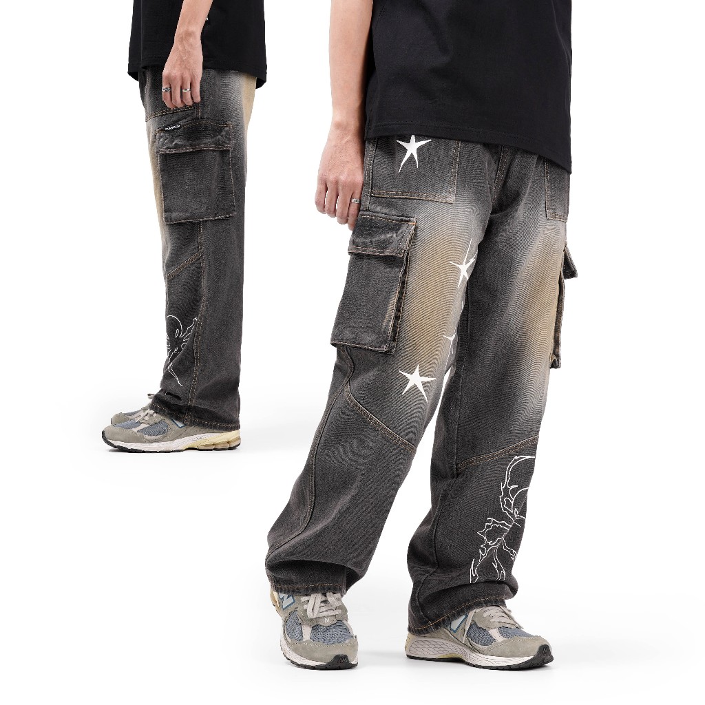 Queenbeer - Cargo Denim Pants Baggy Fit Rune