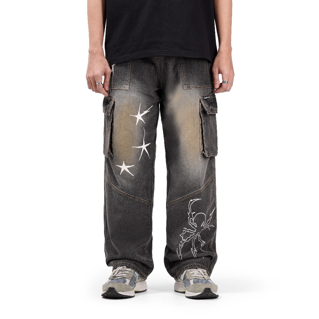Queenbeer - Cargo Denim Pants Baggy Fit Rune