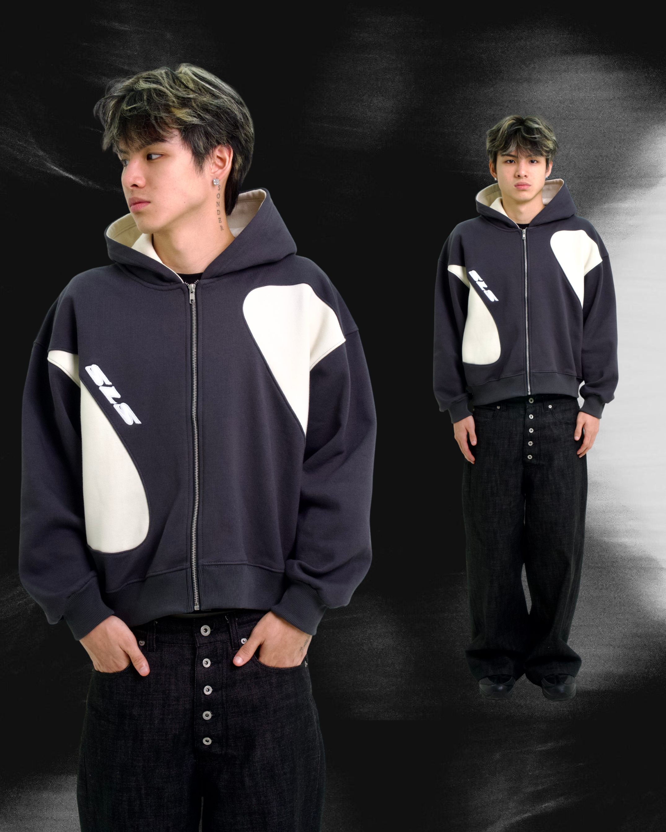 Sonata Zip Hoodie Dark Grey & Off White