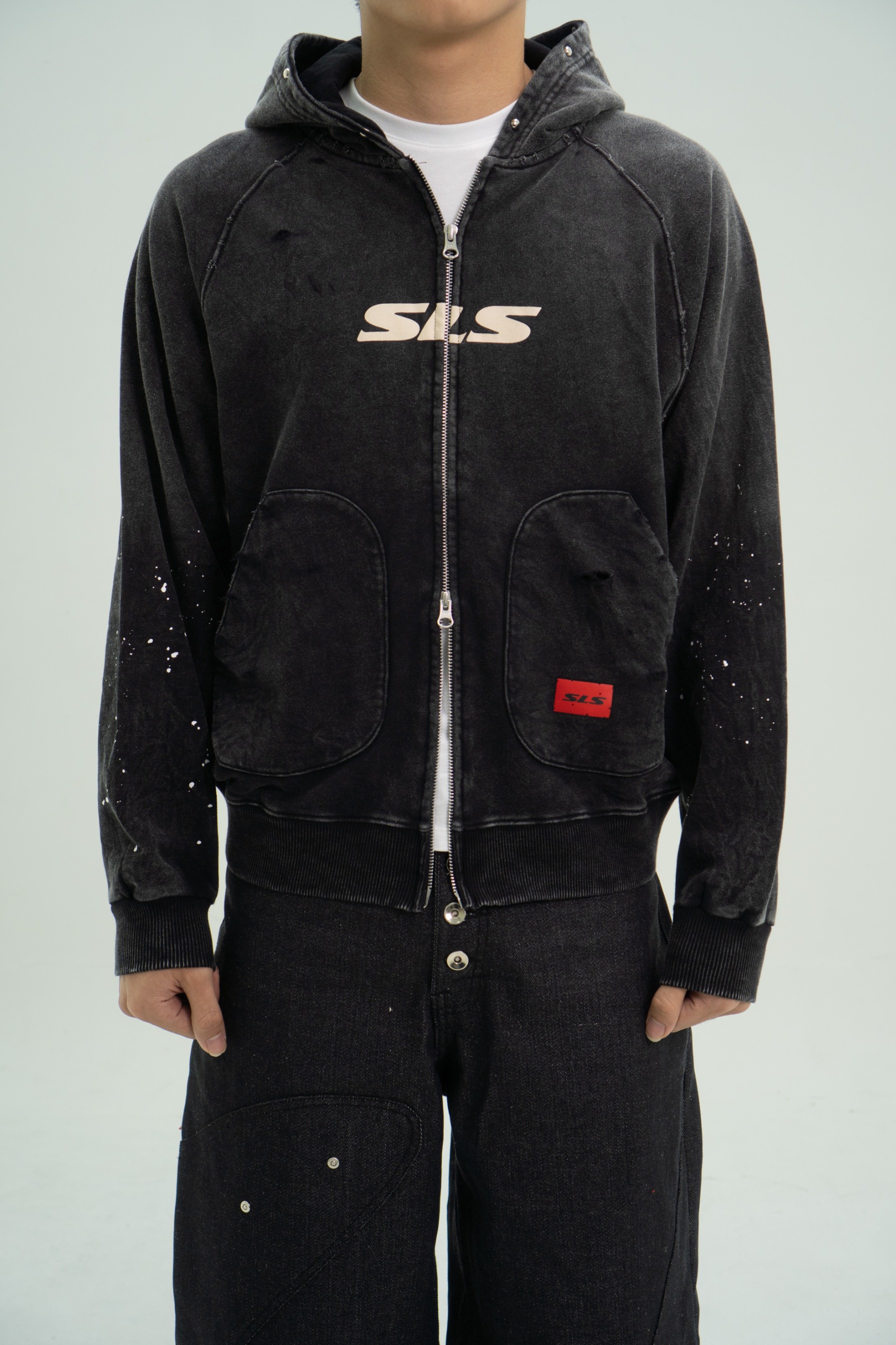 Arsène Distressed Washed Zip Hoodie Black