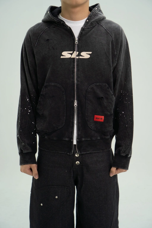 Arsène Distressed Washed Zip Hoodie Black