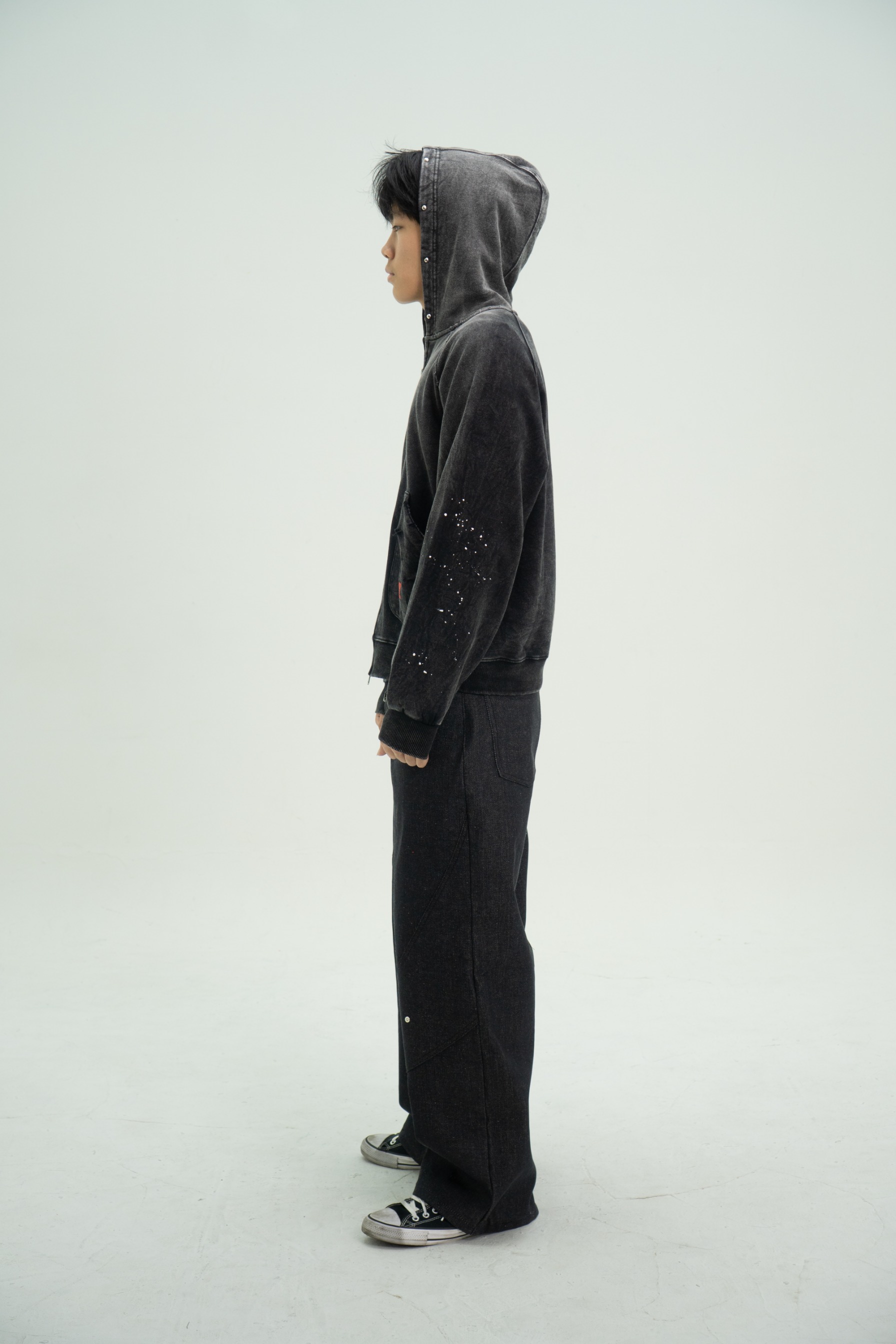 Arsène Distressed Washed Zip Hoodie Black
