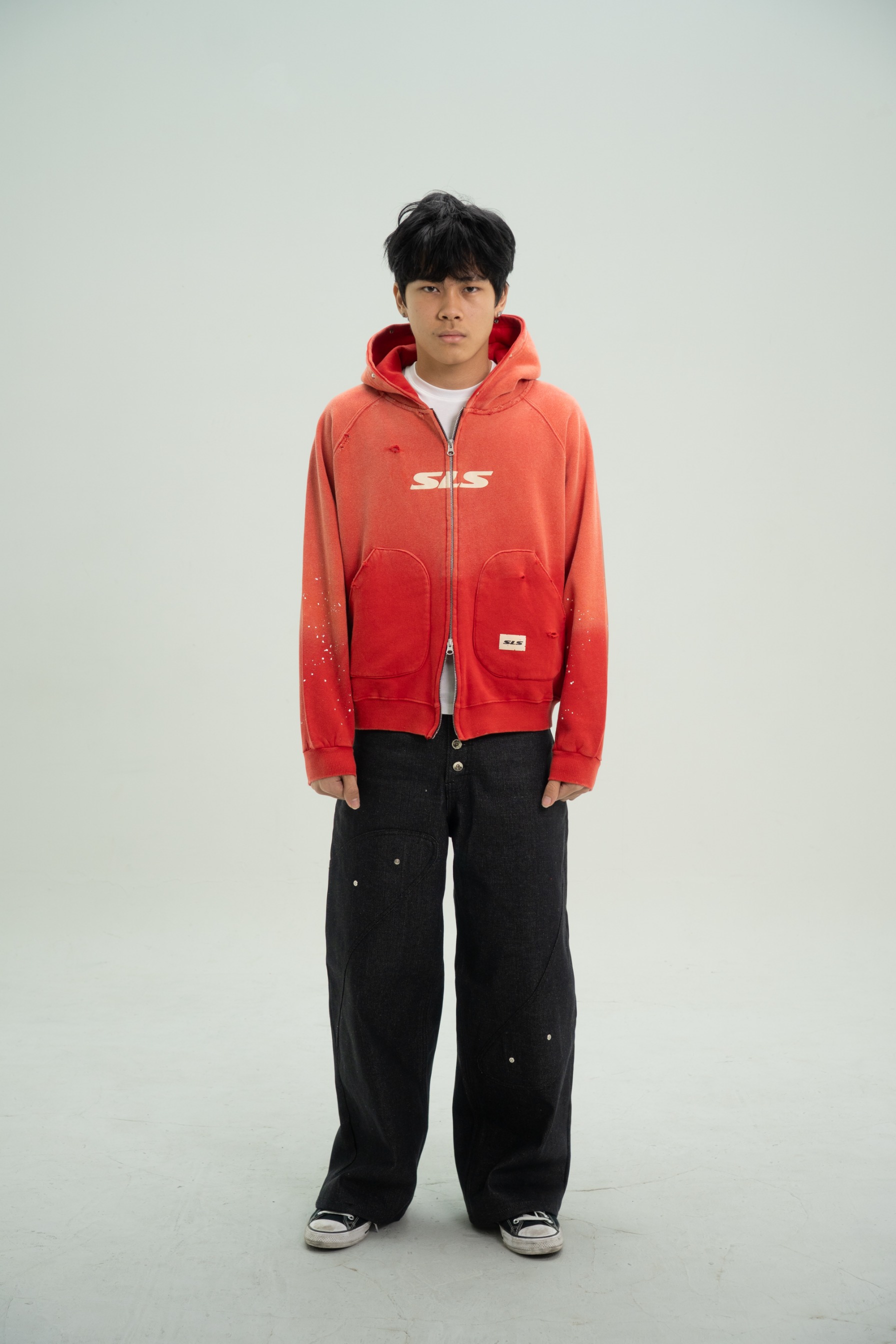 Arsène Distressed Washed Zip Hoodie Red