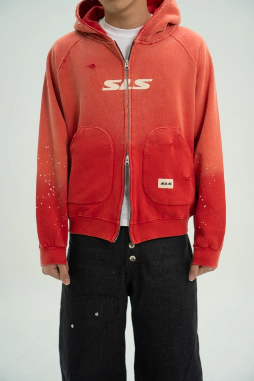 Arsène Distressed Washed Zip Hoodie Red