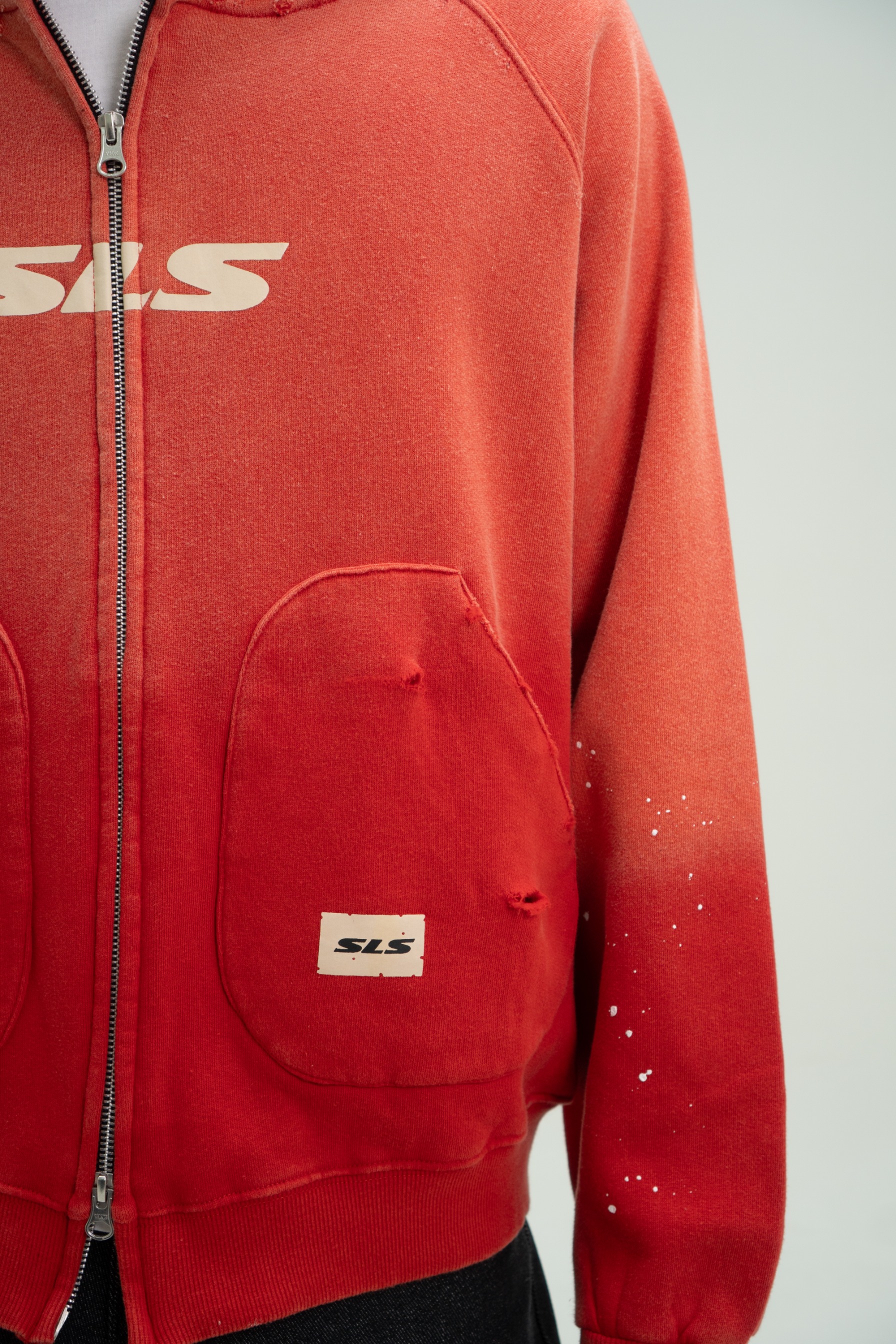 Arsène Distressed Washed Zip Hoodie Red
