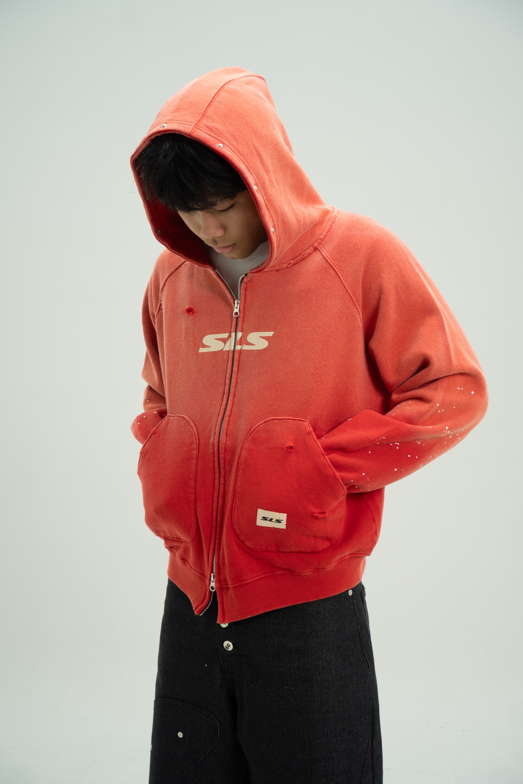 Arsène Distressed Washed Zip Hoodie Red