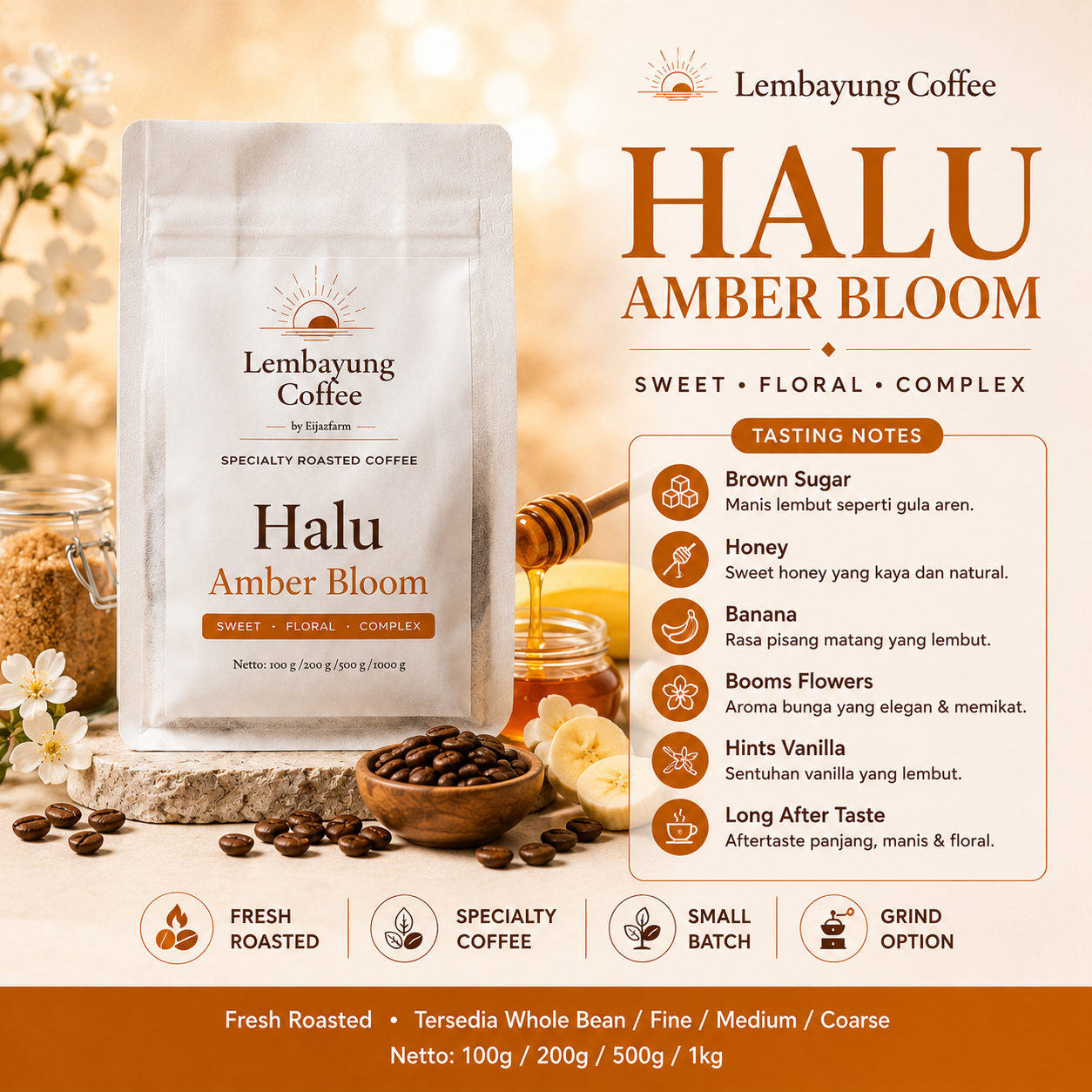Halu Honey Amber Bloom Kopi Arabica Brown Sugar Honey Banana Vanilla Specialty Coffee