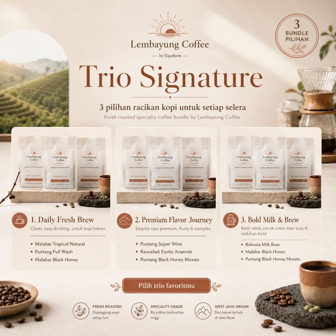 Trio Signature | Paket Jelajah 3 Rasa Kopi 100gr Arabika Specialty Fresh Roasted untuk ngopi sehari hari dan pengalaman mencoba kopi - Lembayung Coffee