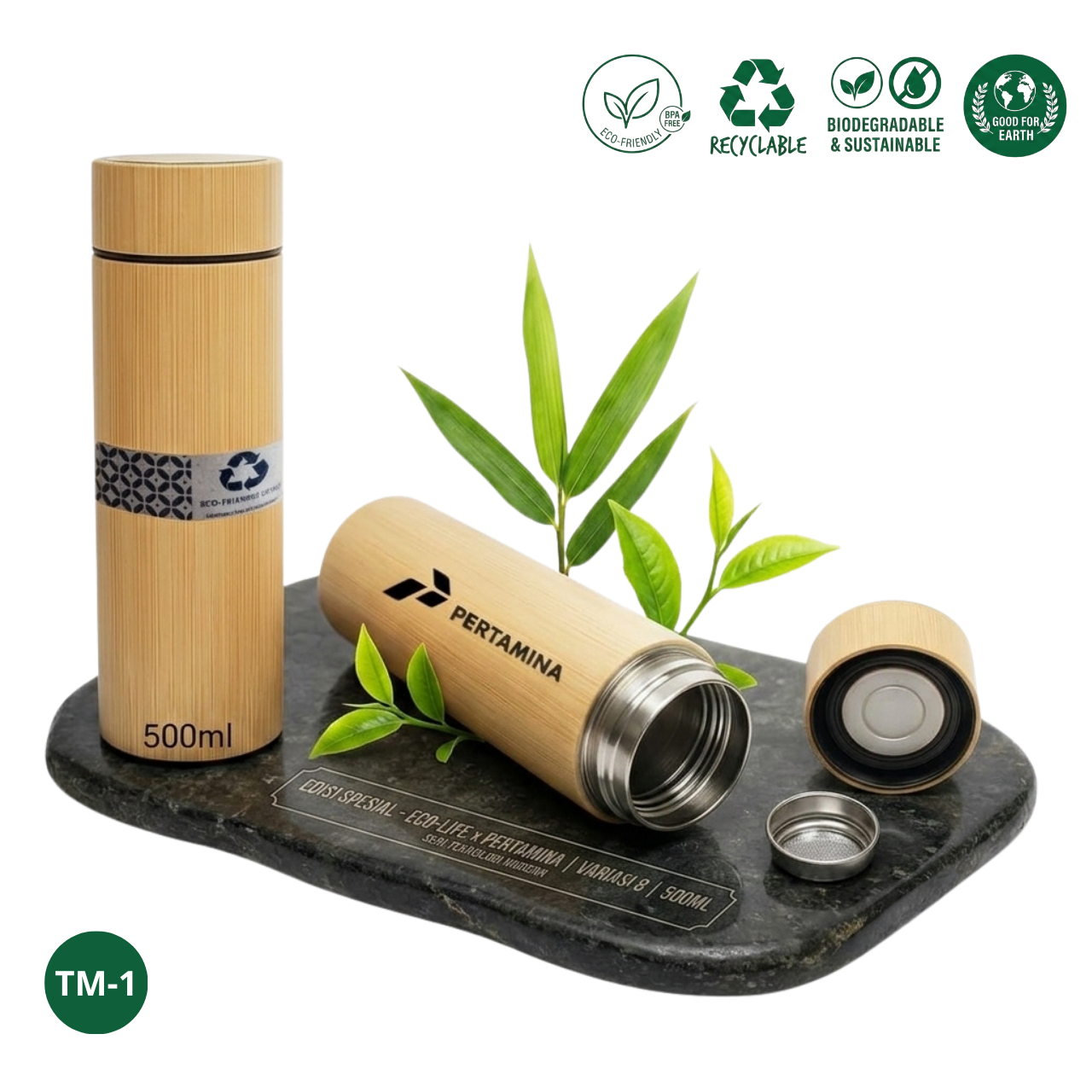 Tumbler Termos Bambu Asli 500ml Lapis Stainless Steel Custom Logo & Nama (Tahan Panas & Dingin)