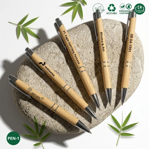Pulpen Bambu Custom Nama / Logo - Soupen Pen Kayu Souvenir Perusahaan Tinta Hitam Refillable