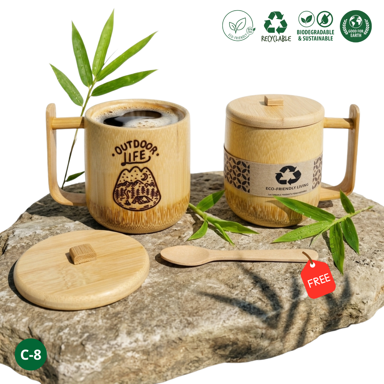 Gelas Kopi Bambu Asli Gagang 250ml Custom Nama Logo - Cangkir Mug Ruas Bambu Alami