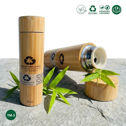 Tumbler Bambu 250ml Termos Stainless Custom Nama Logo - Botol Minum Eco Friendly