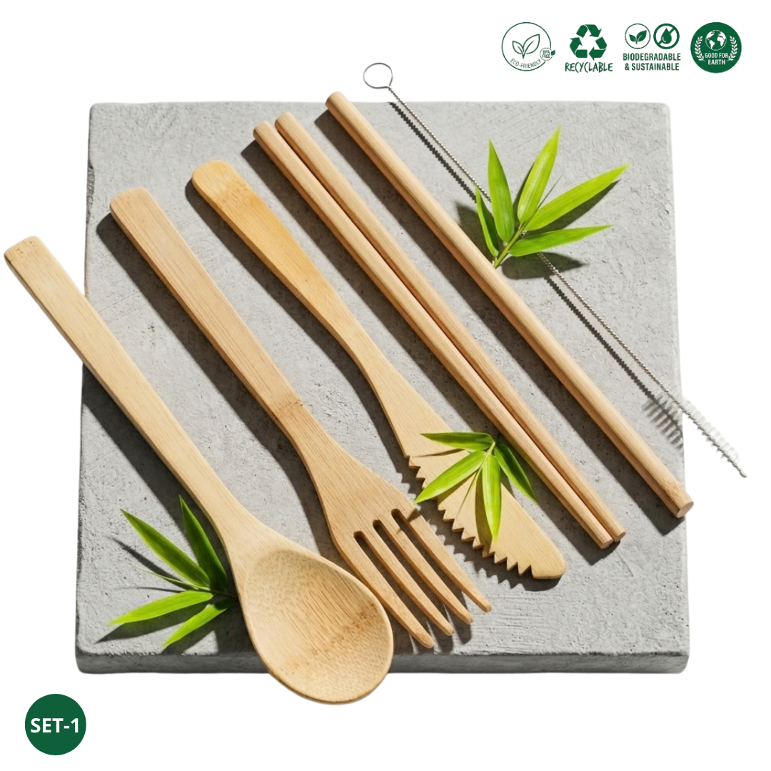 Alat makan bambu, sendok garpu sumpit pisau sedotan bambu + sikatnya 1set kerajinan bambu