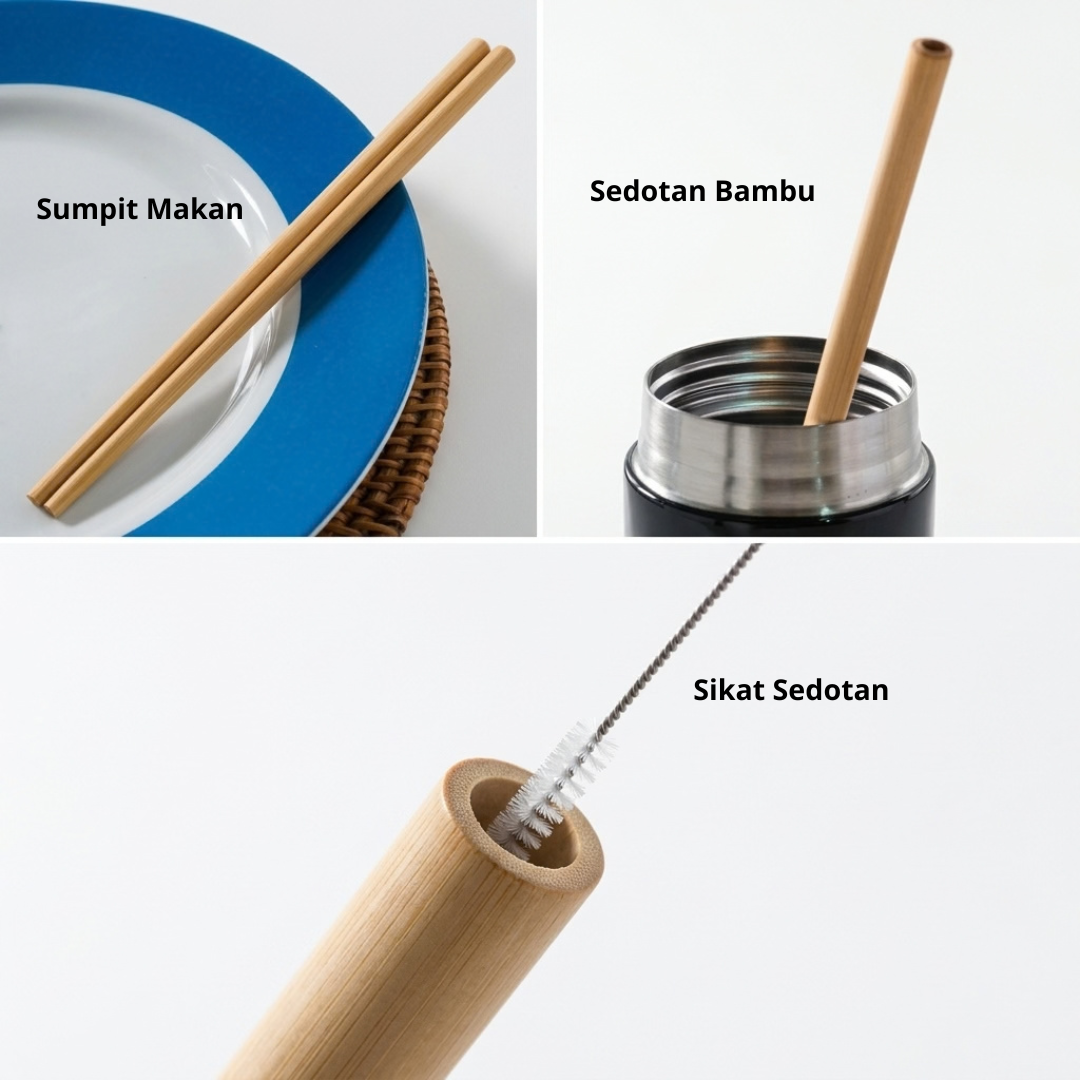 Alat makan bambu, sendok garpu sumpit pisau sedotan bambu + sikatnya 1set kerajinan bambu