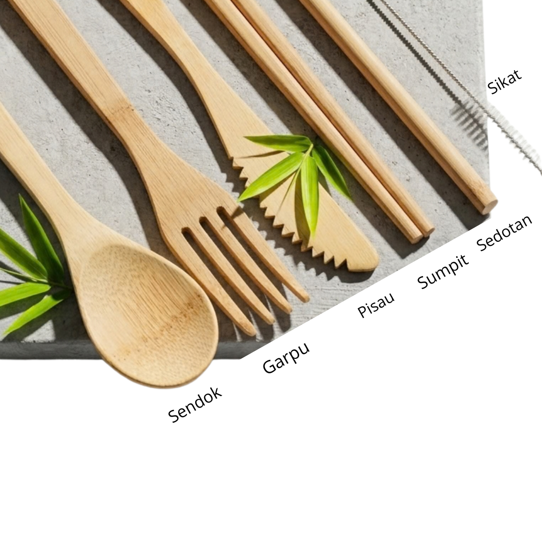Alat makan bambu, sendok garpu sumpit pisau sedotan bambu + sikatnya 1set kerajinan bambu