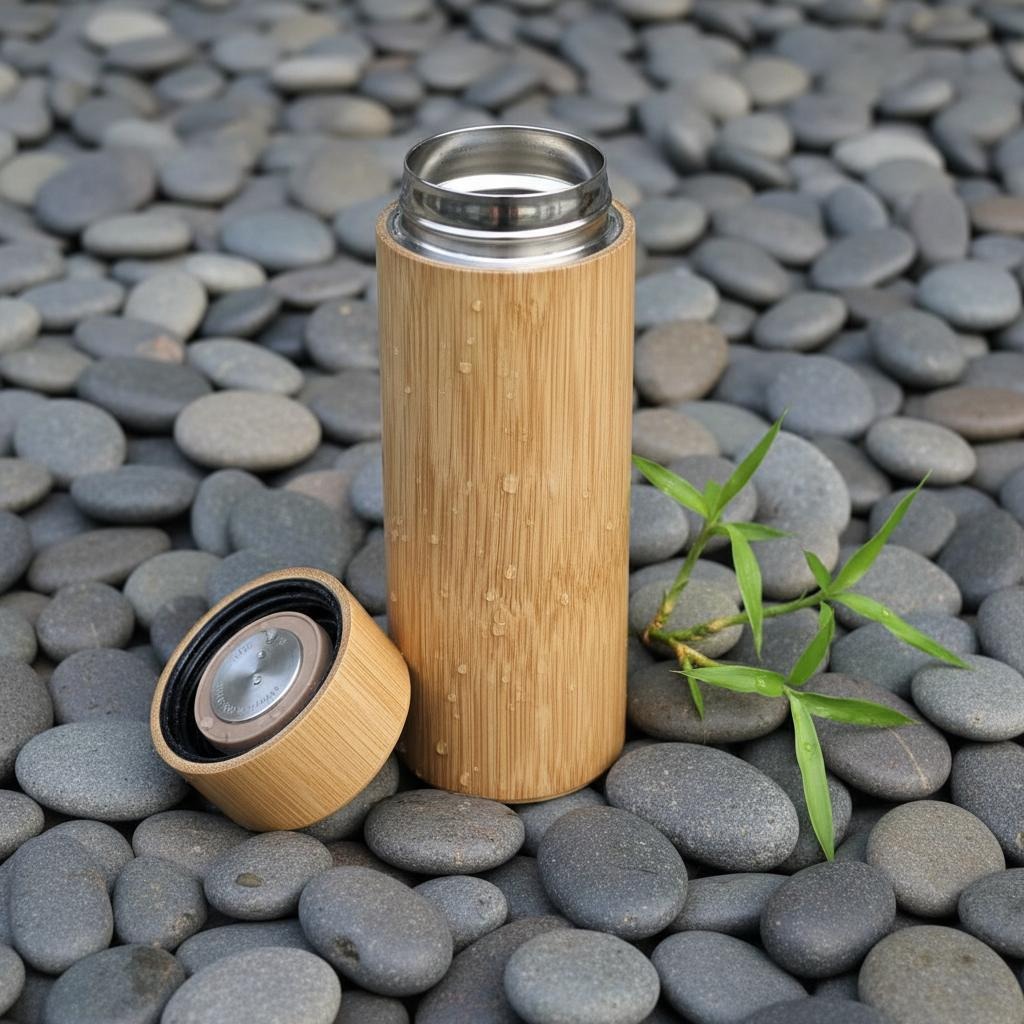 Tumbler Termos Bambu Asli 500ml Lapis Stainless Steel Custom Logo & Nama (Tahan Panas & Dingin)