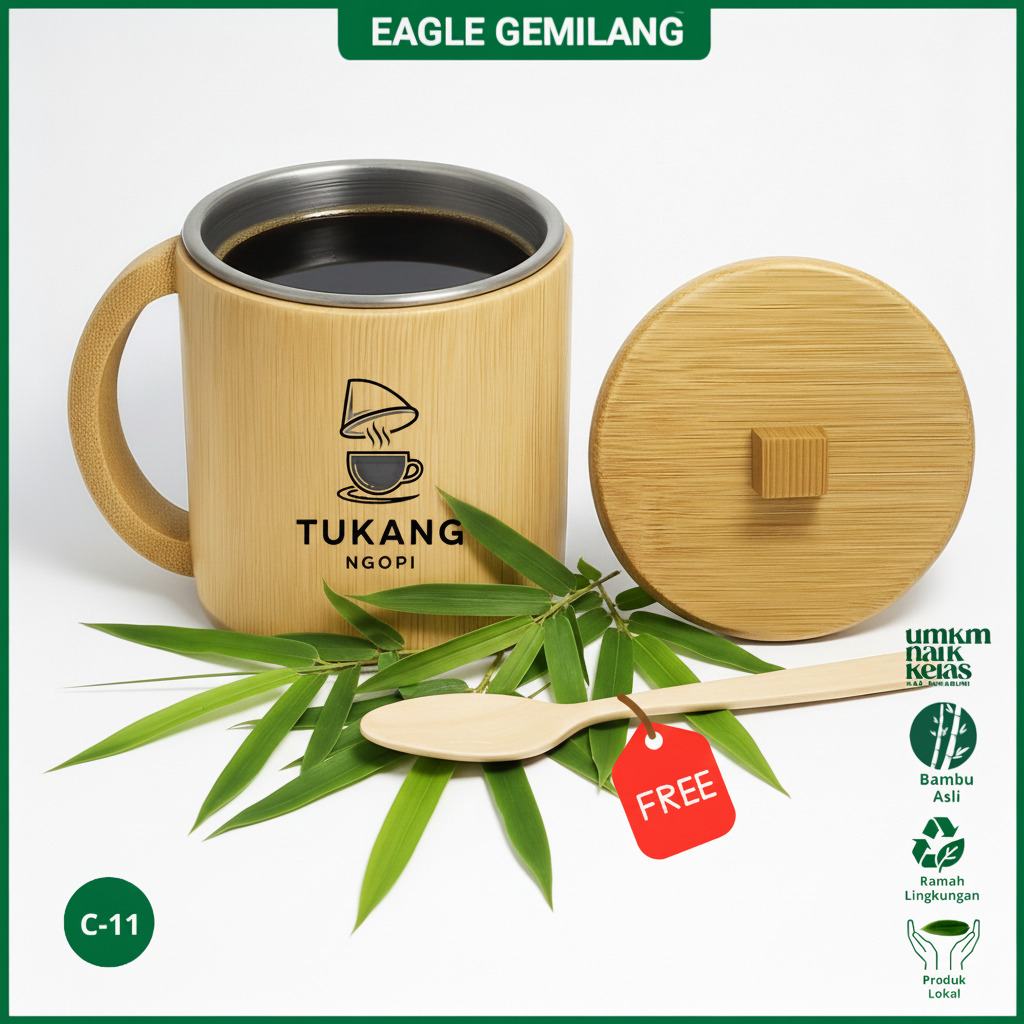 Gelas Bambu Lapis Stainless Sukabumi | Gelas Kopi Tahan Panas Custom Nama & Logo dari Pengrajin - Stainless Steel Coated Bamboo Cups