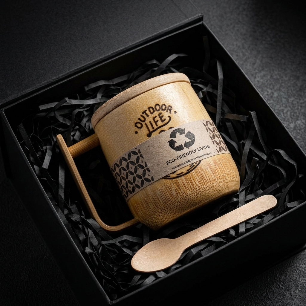 Gelas Kopi Bambu Asli Gagang 250ml Custom Nama Logo - Cangkir Mug Ruas Bambu Alami