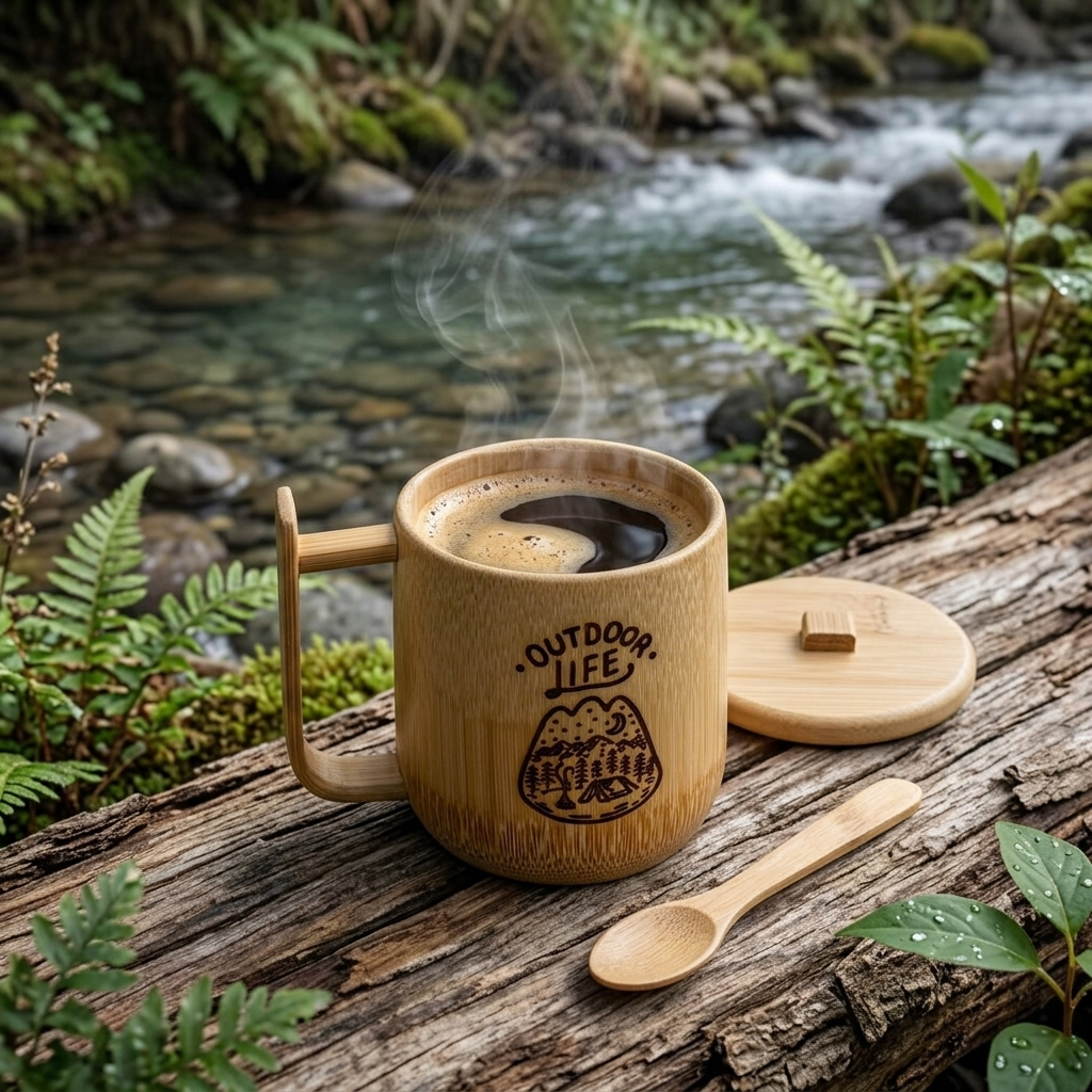 Gelas Kopi Bambu Asli Gagang 250ml Custom Nama Logo - Cangkir Mug Ruas Bambu Alami