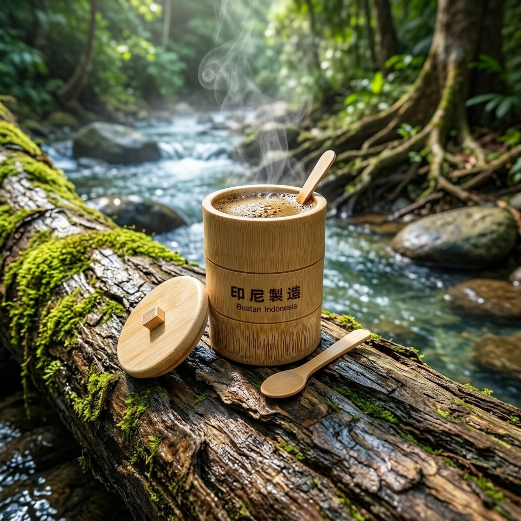 Gelas Kopi Eco Friendly Ruas Bambu 250ml Tutup Custom - Gelas Teh Estetik