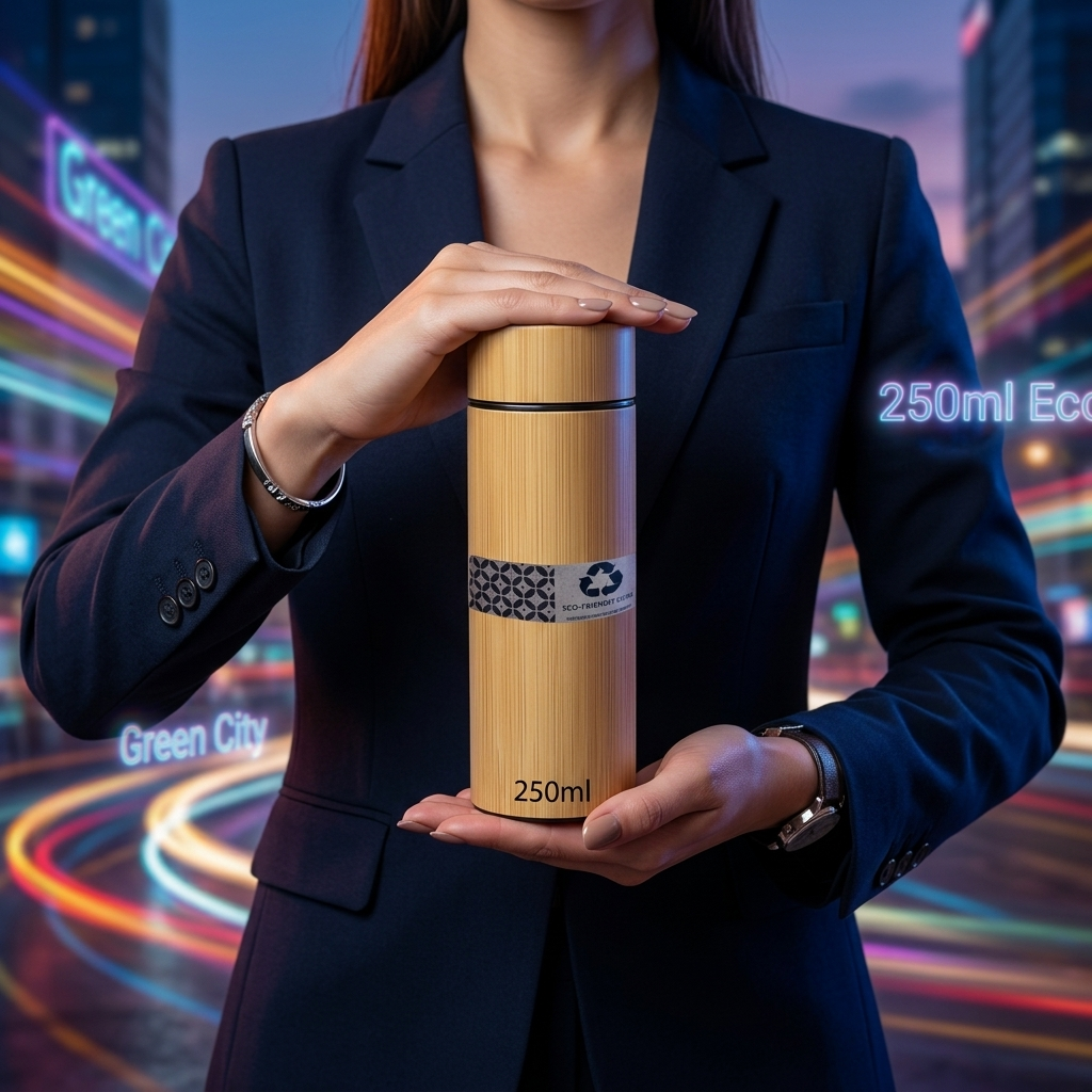Tumbler Termos Bambu Asli 500ml Lapis Stainless Steel Custom Logo & Nama (Tahan Panas & Dingin)