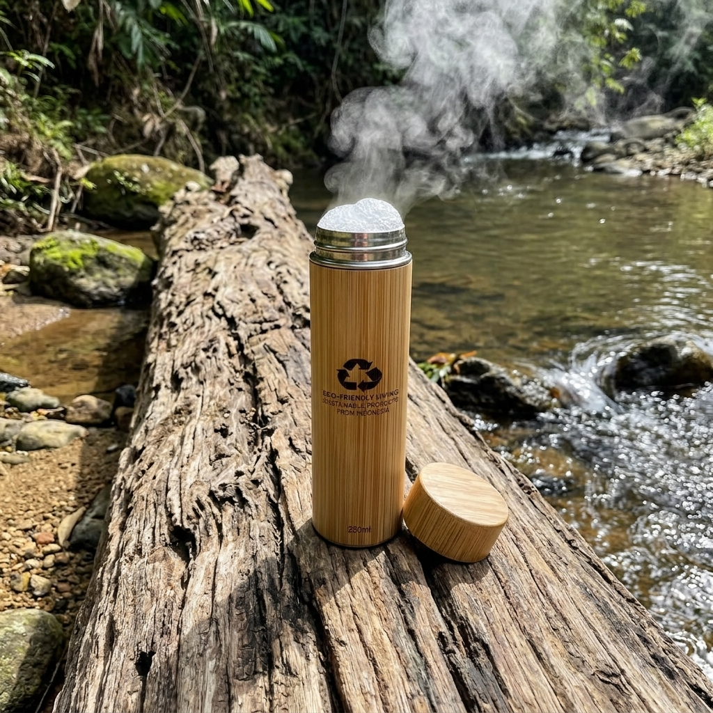 Tumbler Bambu 250ml Termos Stainless Custom Nama Logo - Botol Minum Eco Friendly