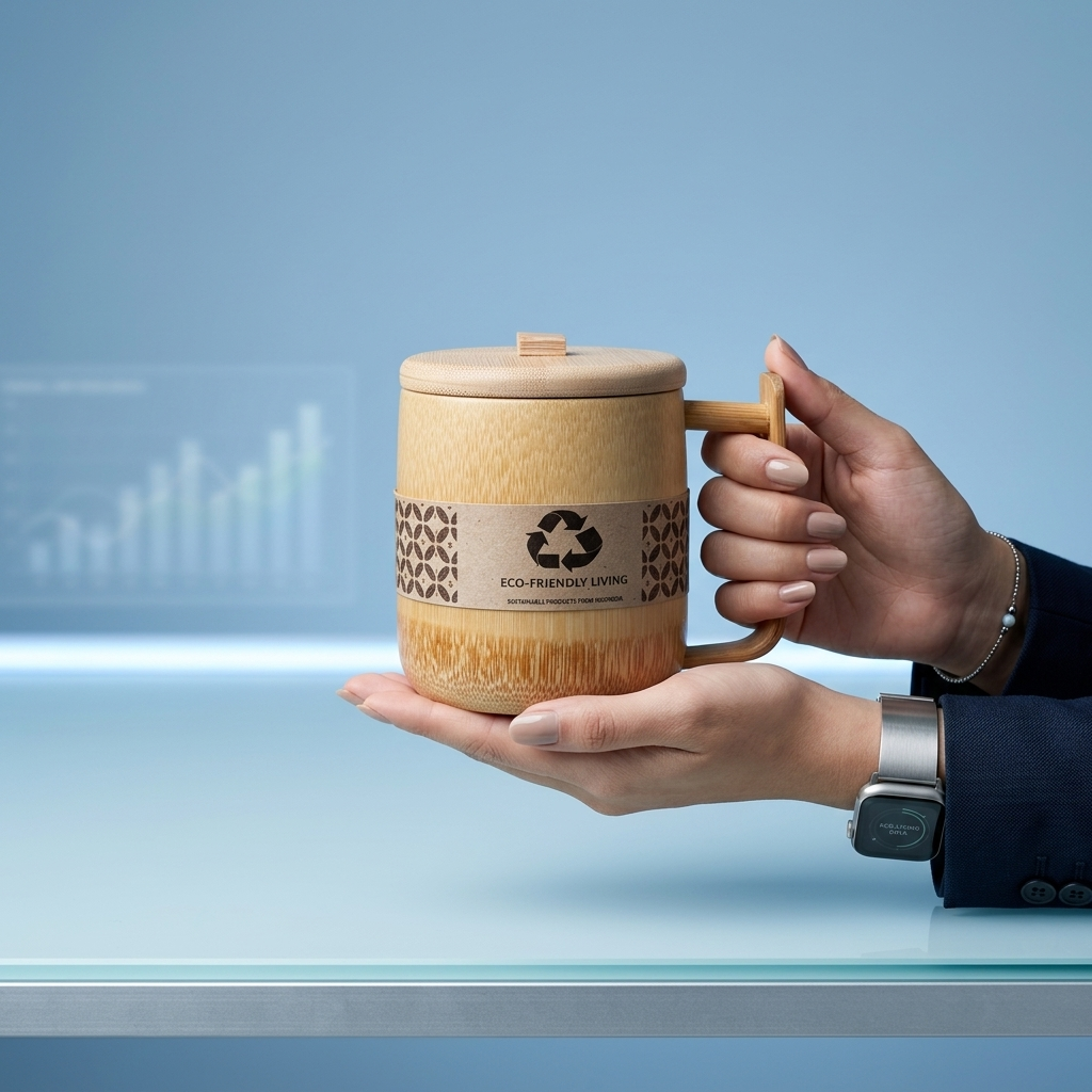 Gelas Kopi Bambu Asli Gagang 250ml Custom Nama Logo - Cangkir Mug Ruas Bambu Alami