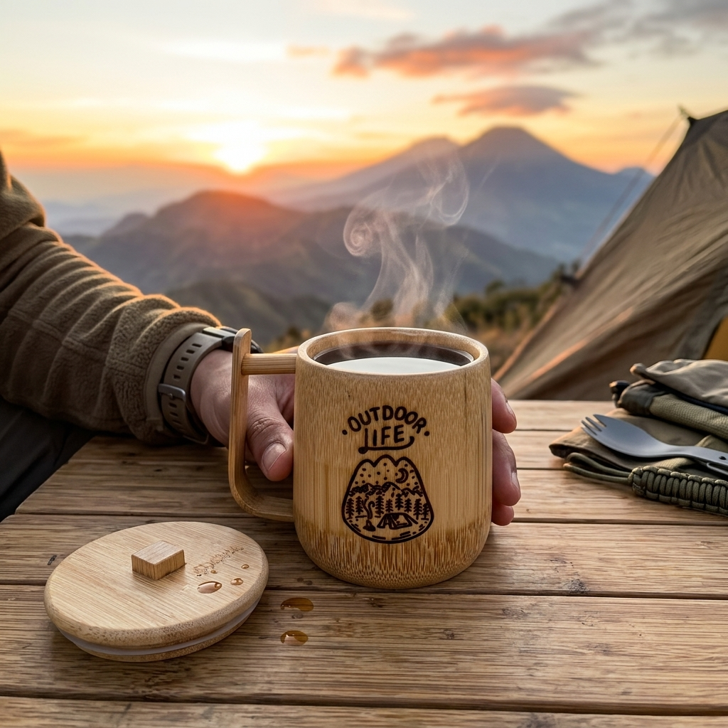 Gelas Kopi Bambu Asli Gagang 250ml Custom Nama Logo - Cangkir Mug Ruas Bambu Alami