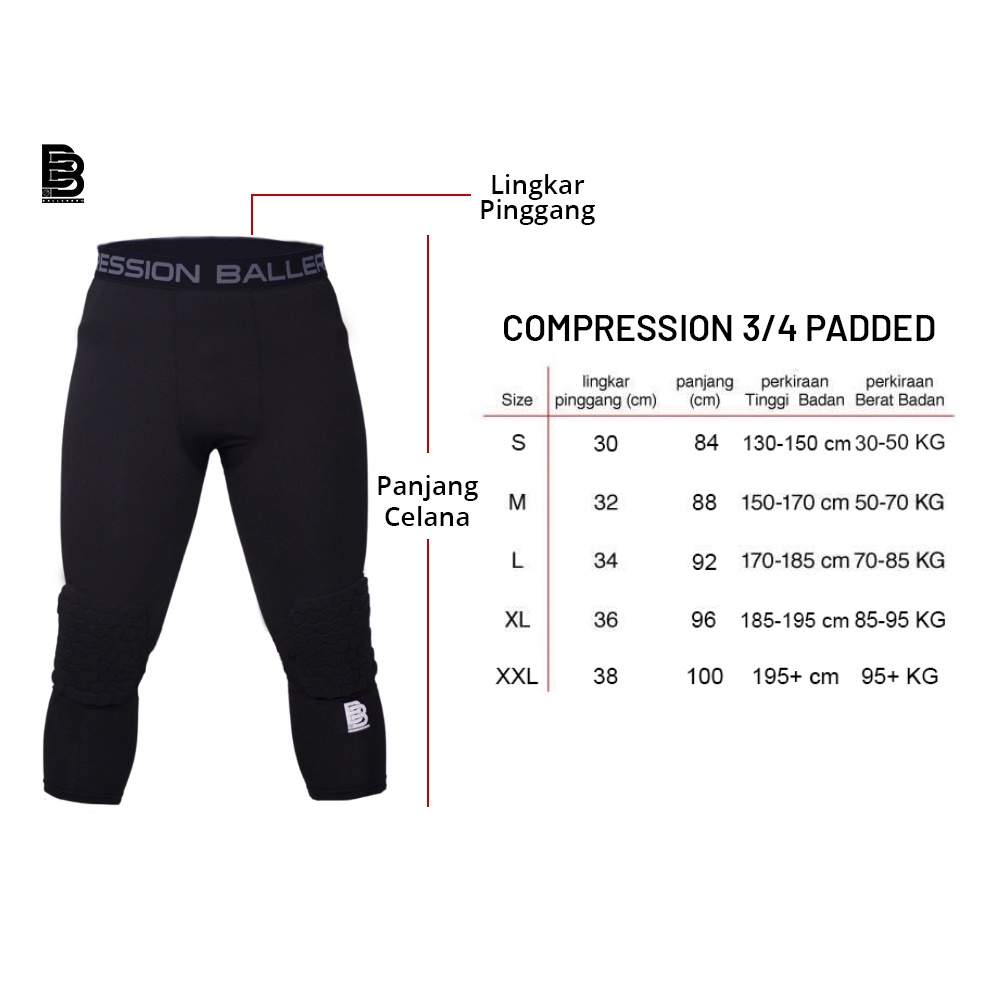 Compression 3/4 Pants Padded BALLERBRO | Manset Celana Dengan Bantalan Busa Pelindung Lutut | Celana Olahraga Protector