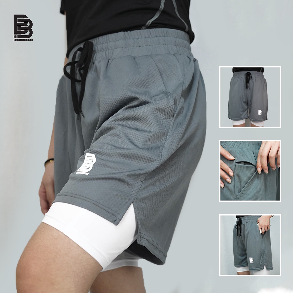 Celana Basket Olahraga 2in1 Ballerbro / 2in1 Basketball Short dengan Compression Short