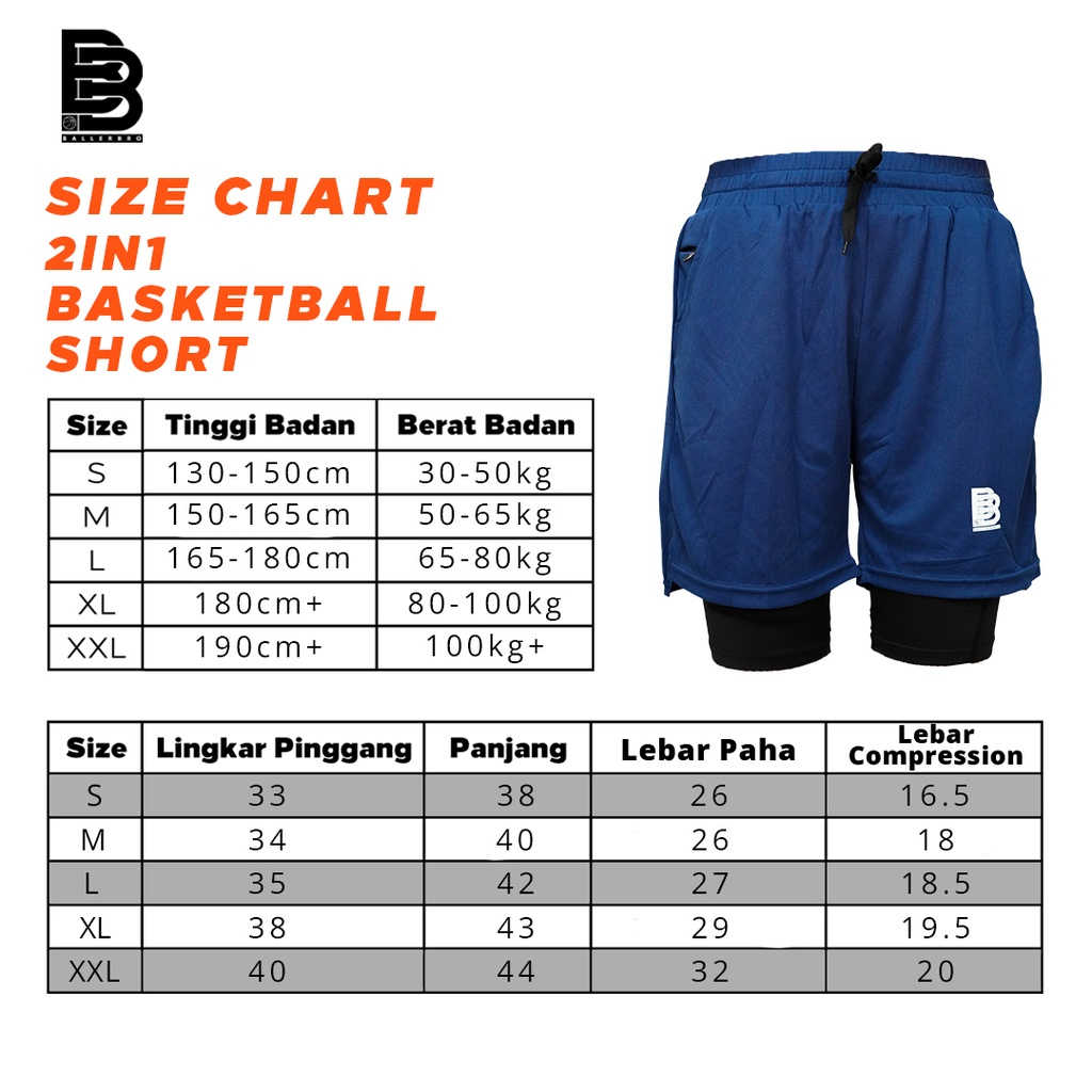 Celana Basket Olahraga 2in1 Ballerbro / 2in1 Basketball Short dengan Compression Short