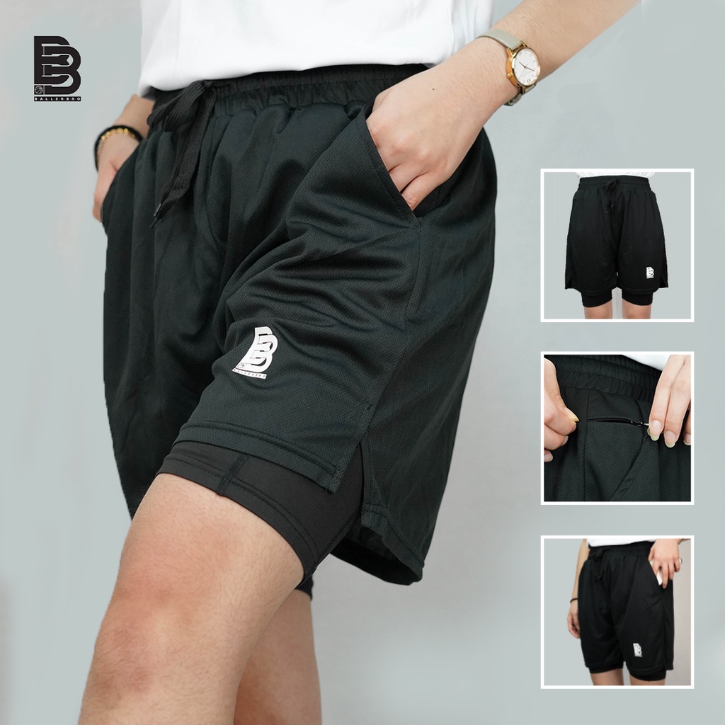 Celana Basket Olahraga 2in1 Ballerbro / 2in1 Basketball Short dengan Compression Short
