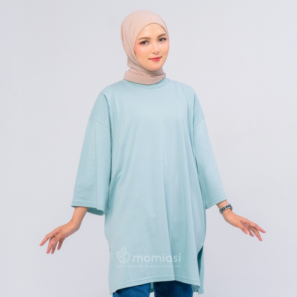 Momiasi - Kaos Oversize Wanita lengan 7/8 Basic Oversized Top Busui Hijab Non Hijab Friendly