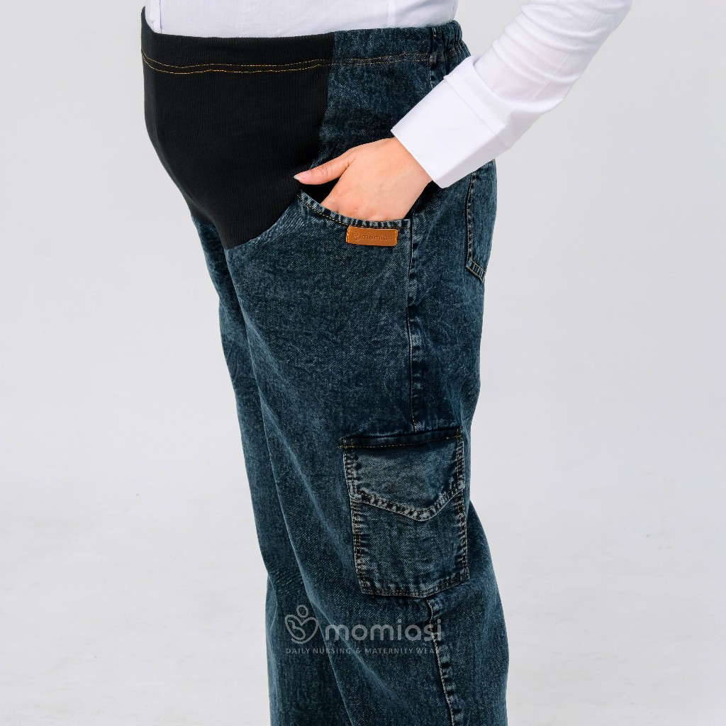 Momiasi - Celana Hamil Jeans Cargo Snow - Celana Hamil Highwaist Cargo Snow